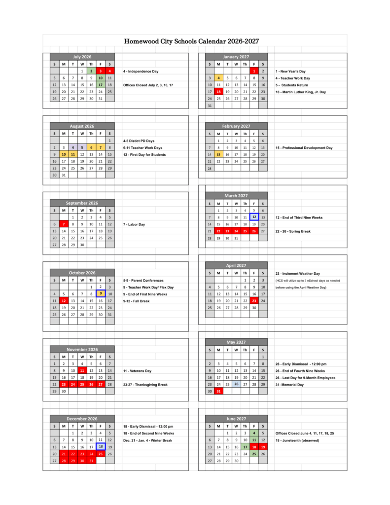 Homewood City Schools 26-27 Calendar