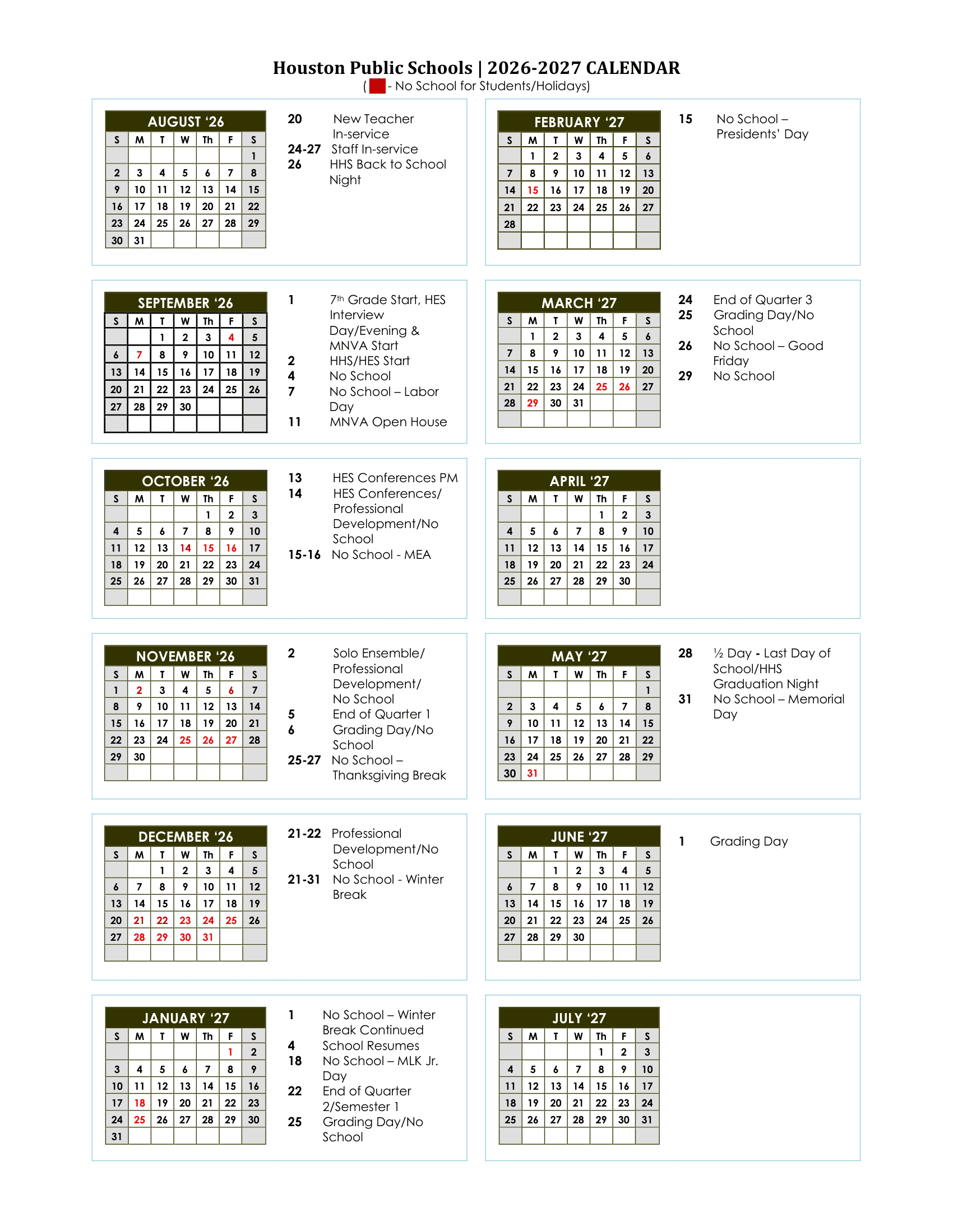 Houston Public Schools ISD 294 26-27 Calendar [PDF] Updated Logo