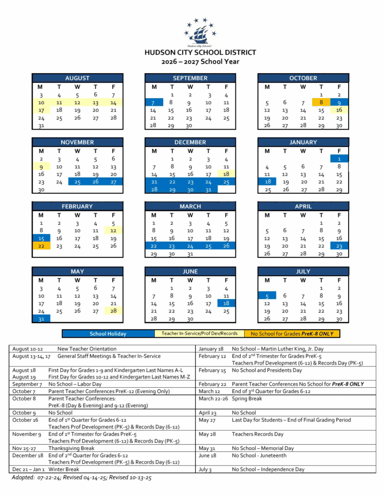 Hudson City School District 26-27 Calendar