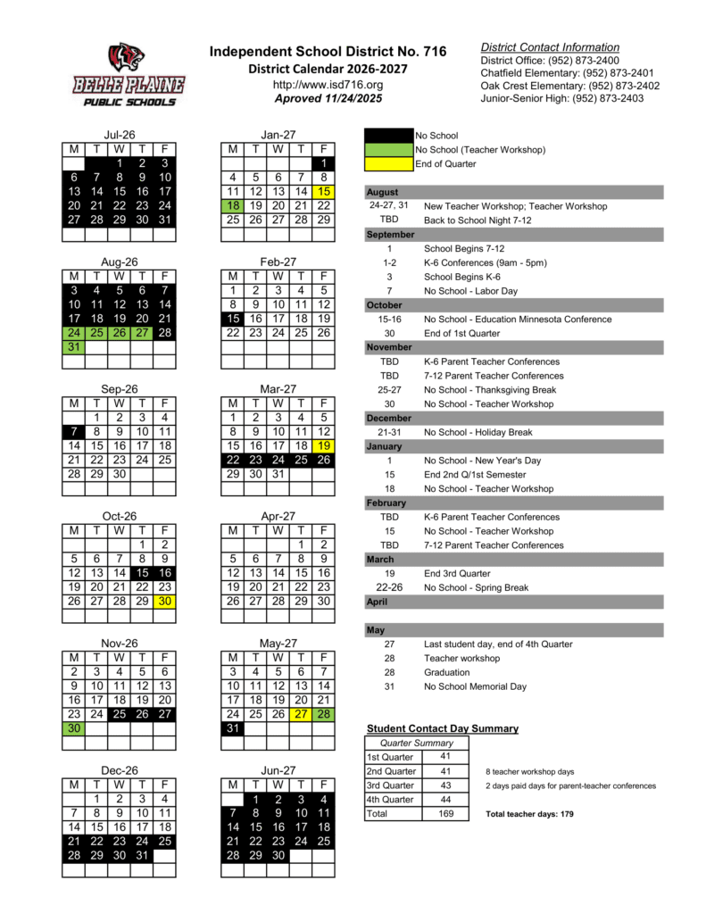 Independent School District No. 716 26-27 Calendar