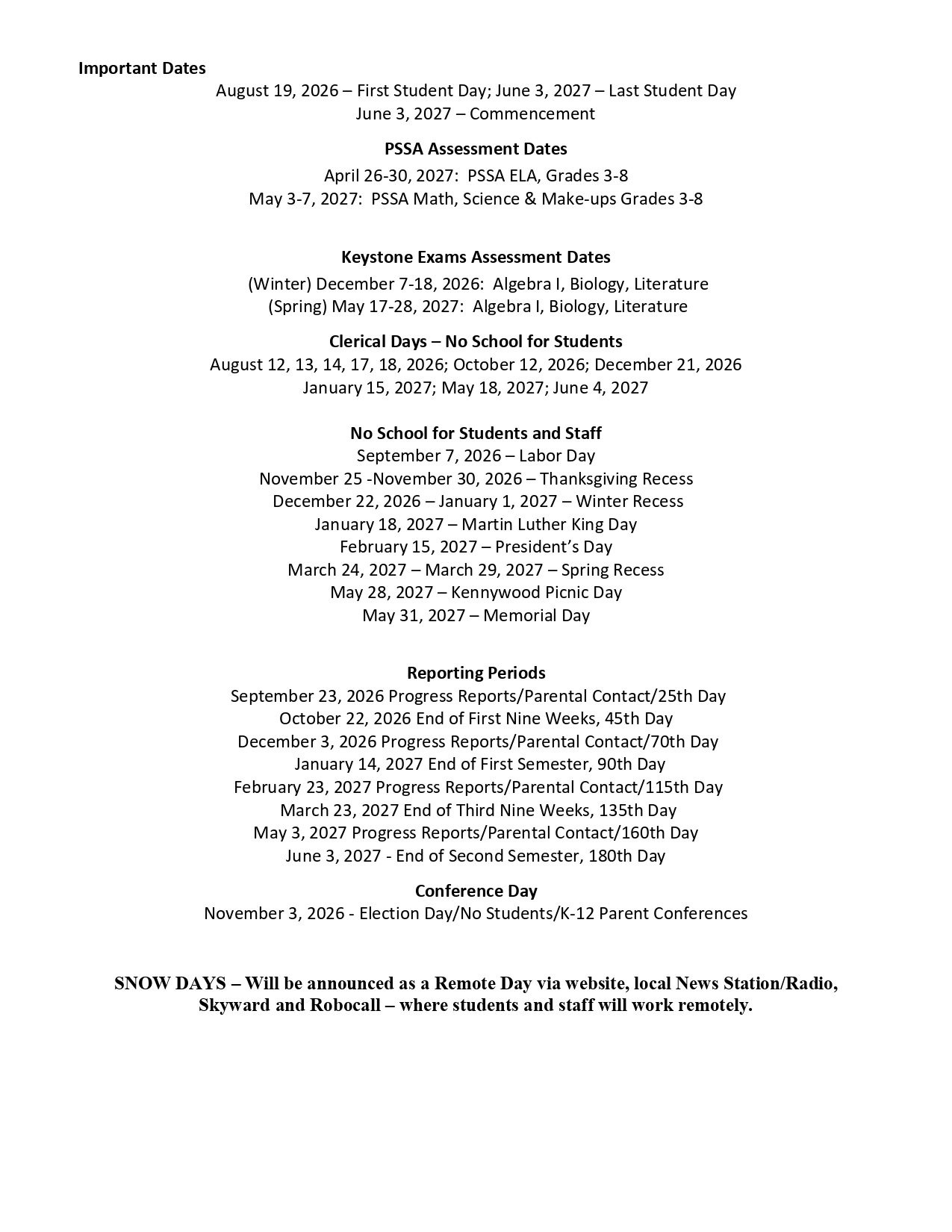 Interboro School District  Calendar 26-27 Updates