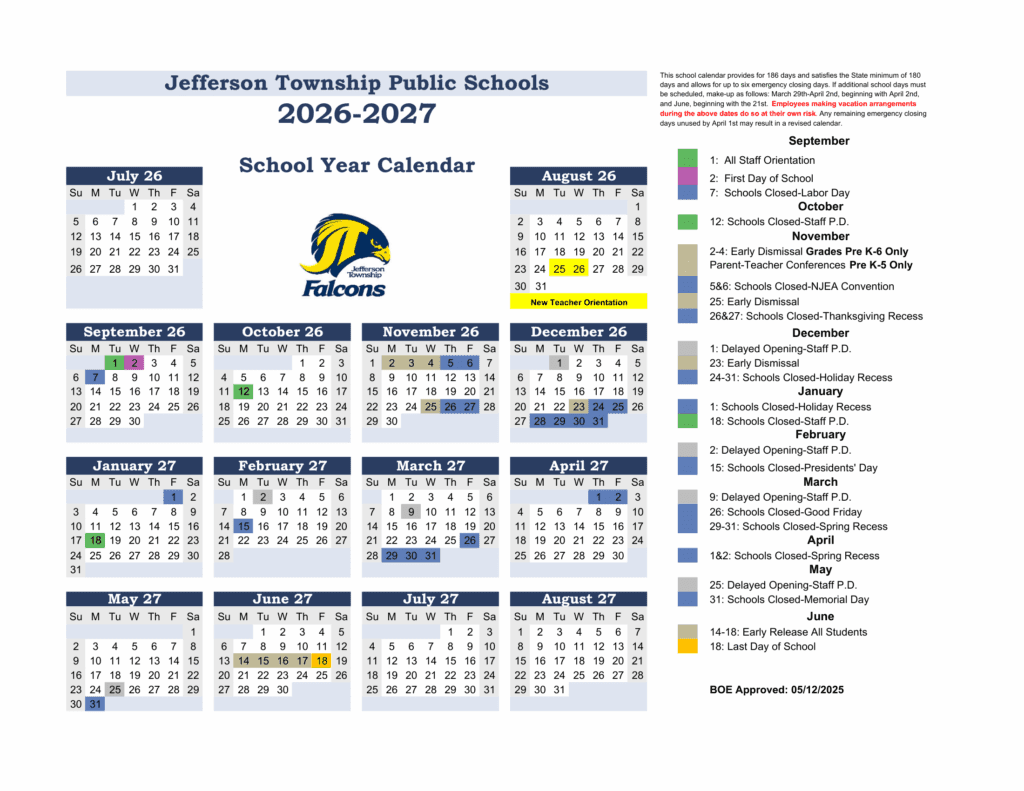 Jefferson Township Public Schools 26-27 Calendar