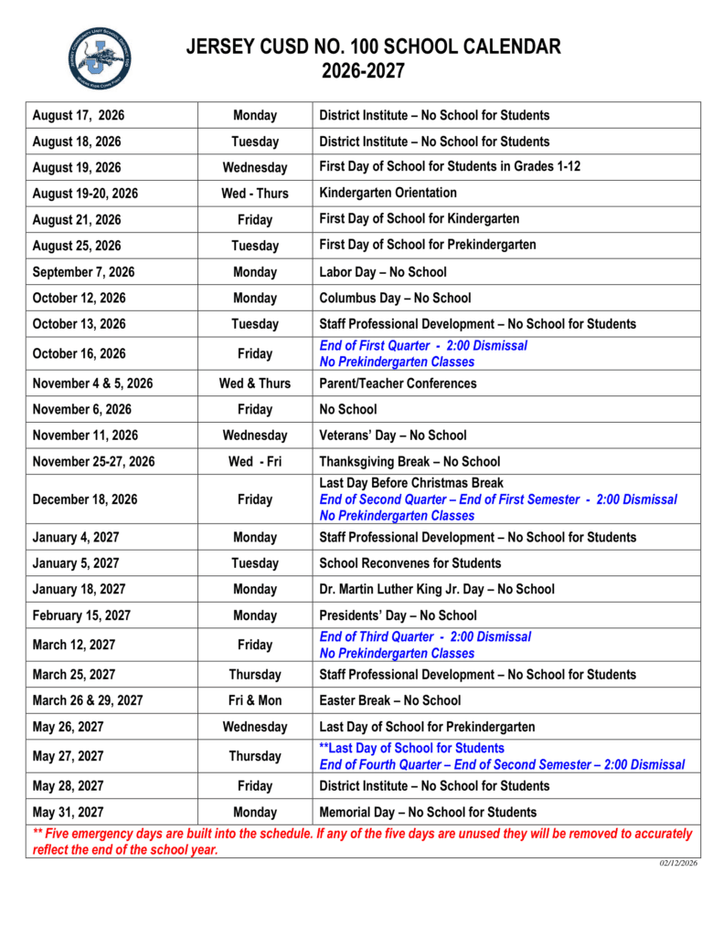 Jersey CUSD No. 100 26-27 Calendar
