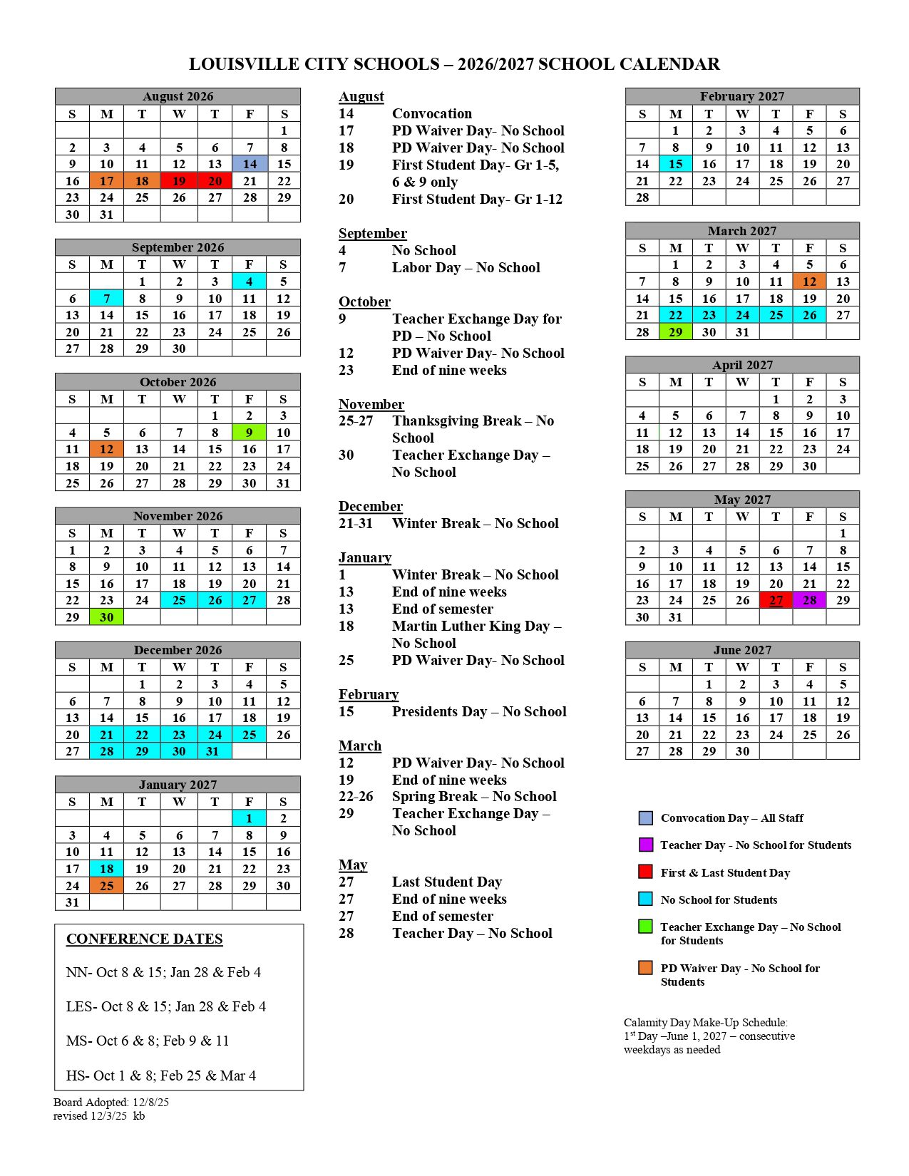 Louisville City Schools 26/27 Calendar 