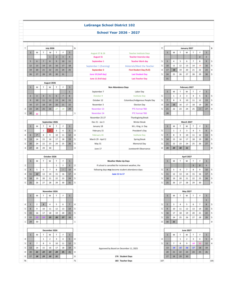 LaGrange School District 102 26-27 Calendar