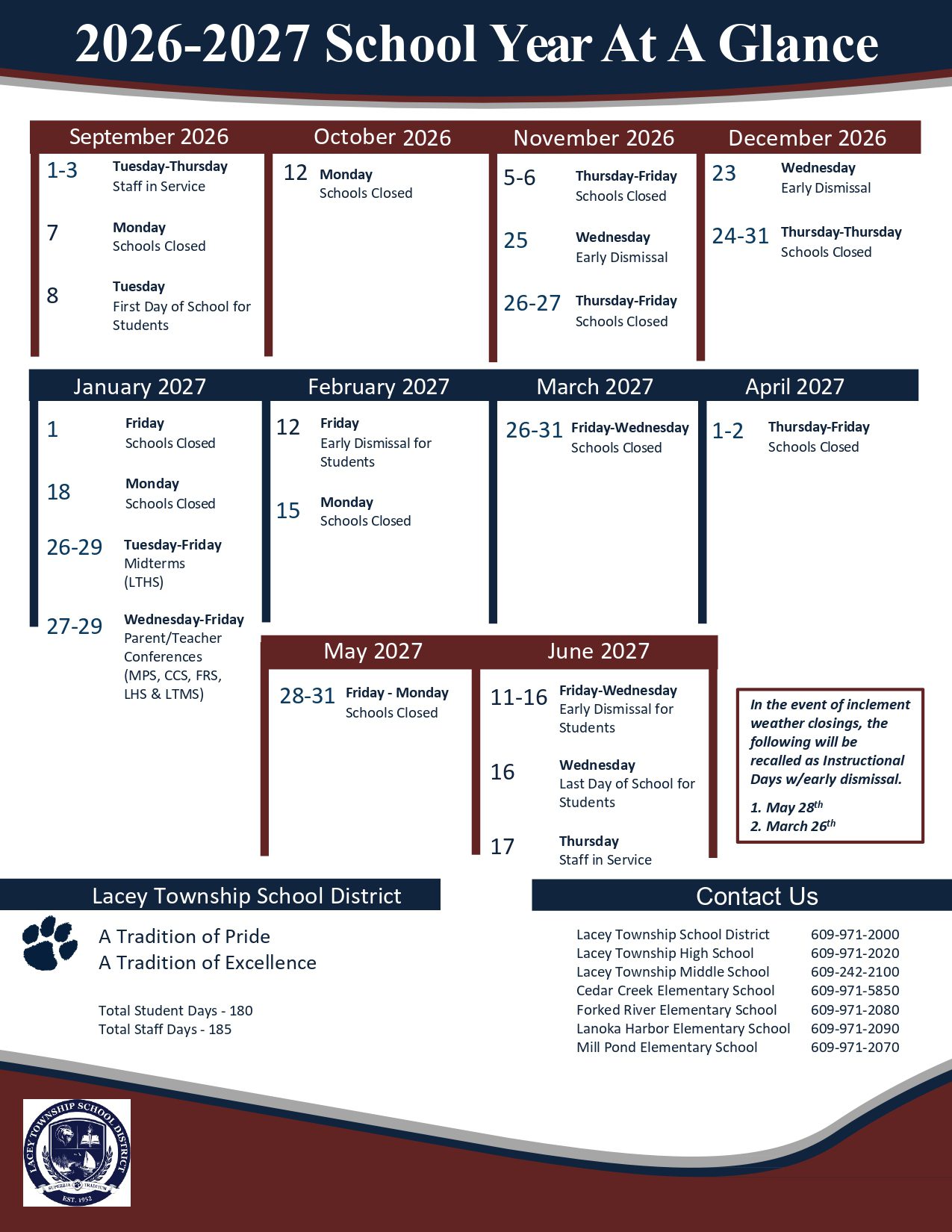 Lacey Township School District Calendar 26-27 Updates