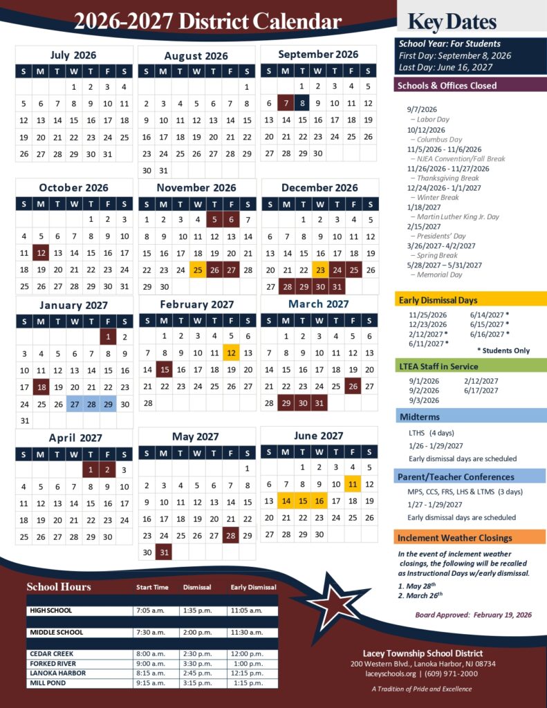 Lacey Township School District Calendar 26-27 Updates