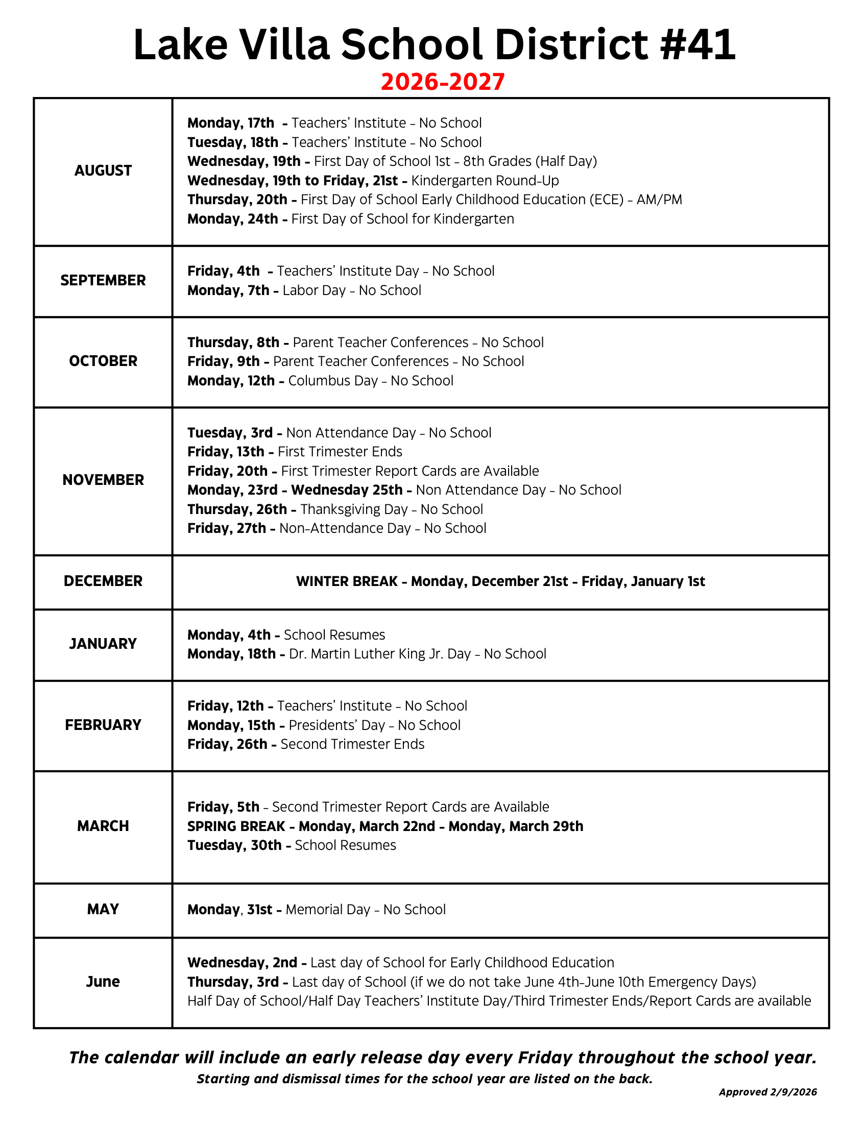 Lake Villa School District #41 Calendar 26/27 Updates