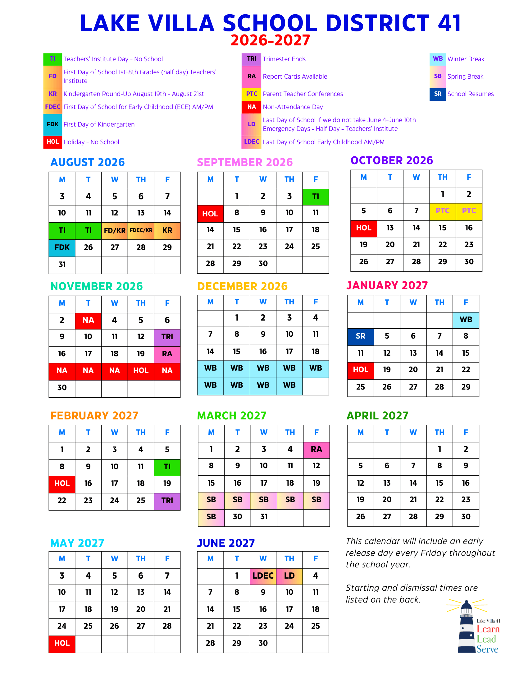 Lake Villa School District #41 Calendar 26/27 Updates
