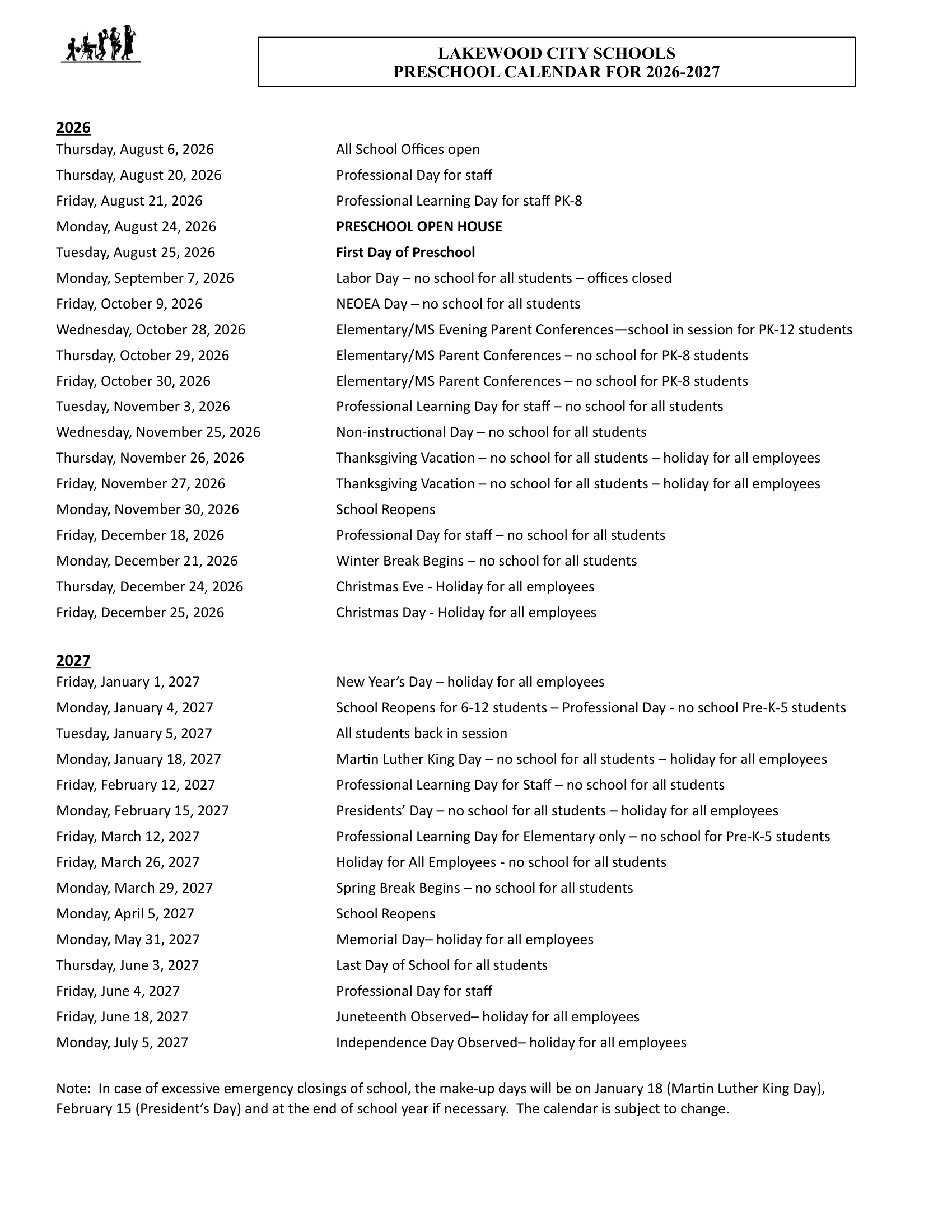 Lakewood City Schools OH Calendar 26-27 Updates