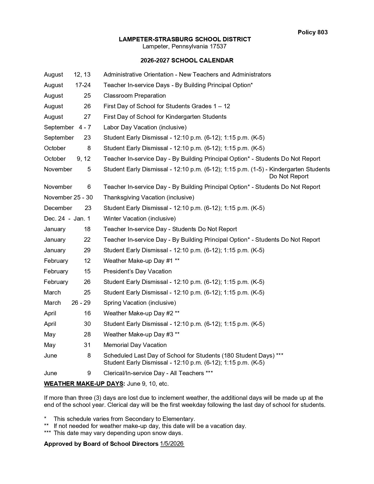 Lampeter-Strasburg School District  PA Calendar 26-27 Updates