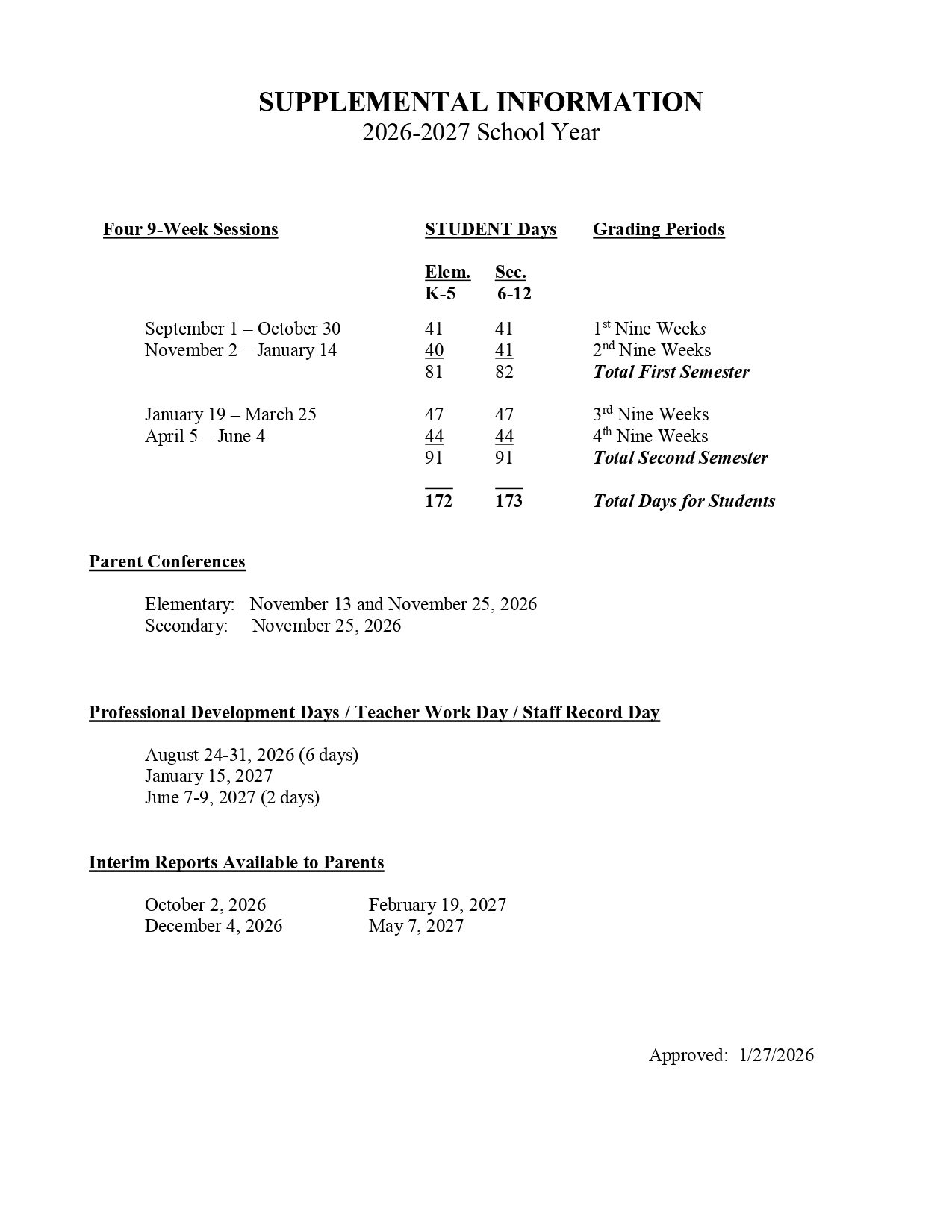 Lancaster City Schools  Calendar 26-27 Updates