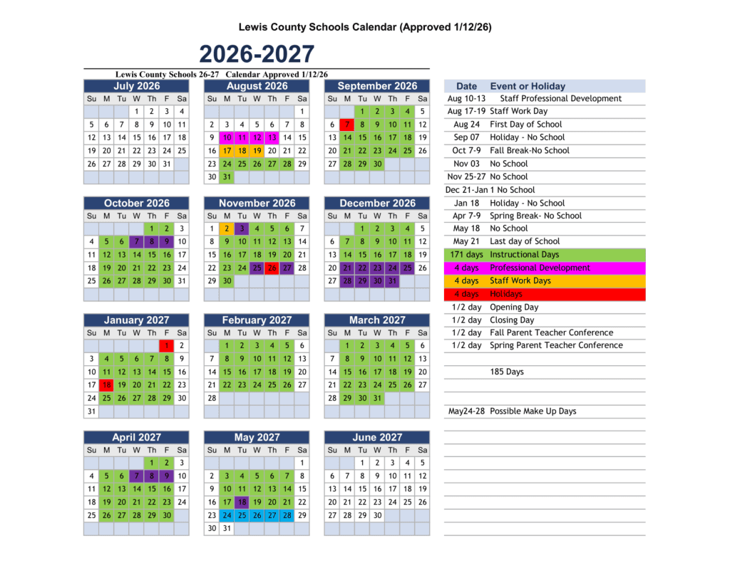Lewis County Schools 26-27 Calendar