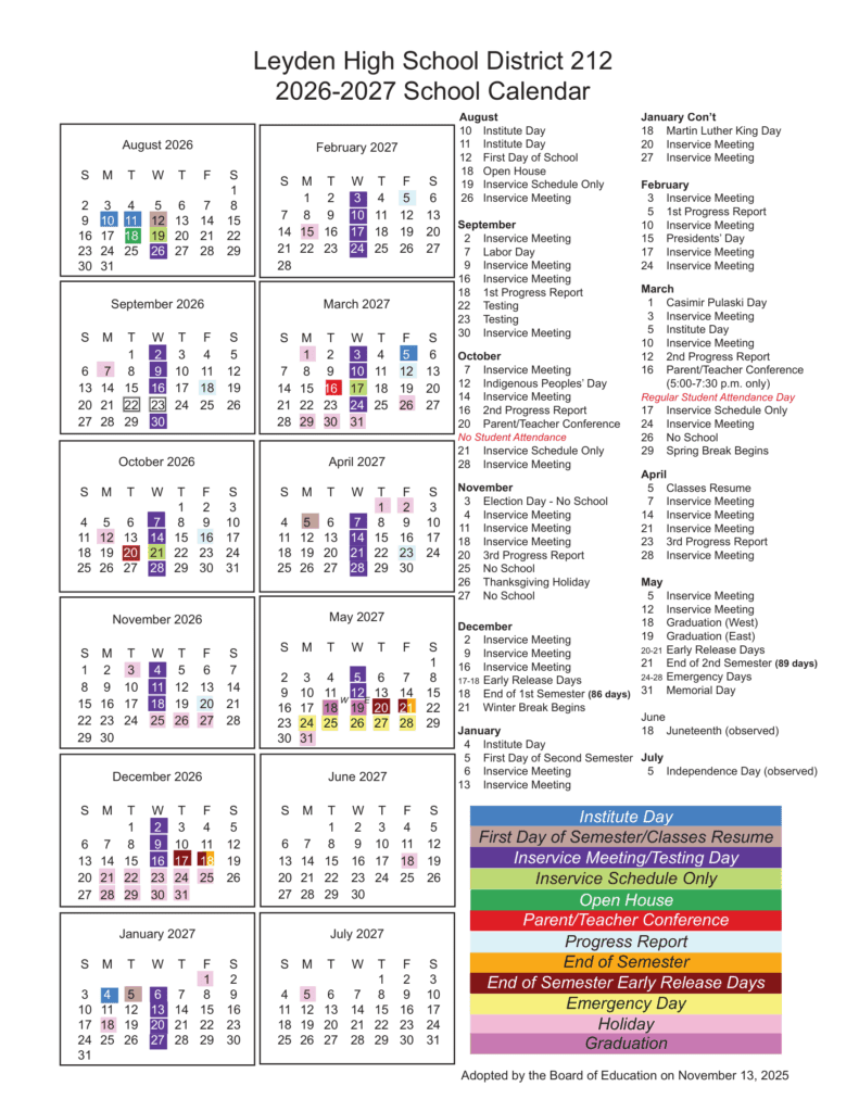 Leyden High School District 212 26-27 Calendar