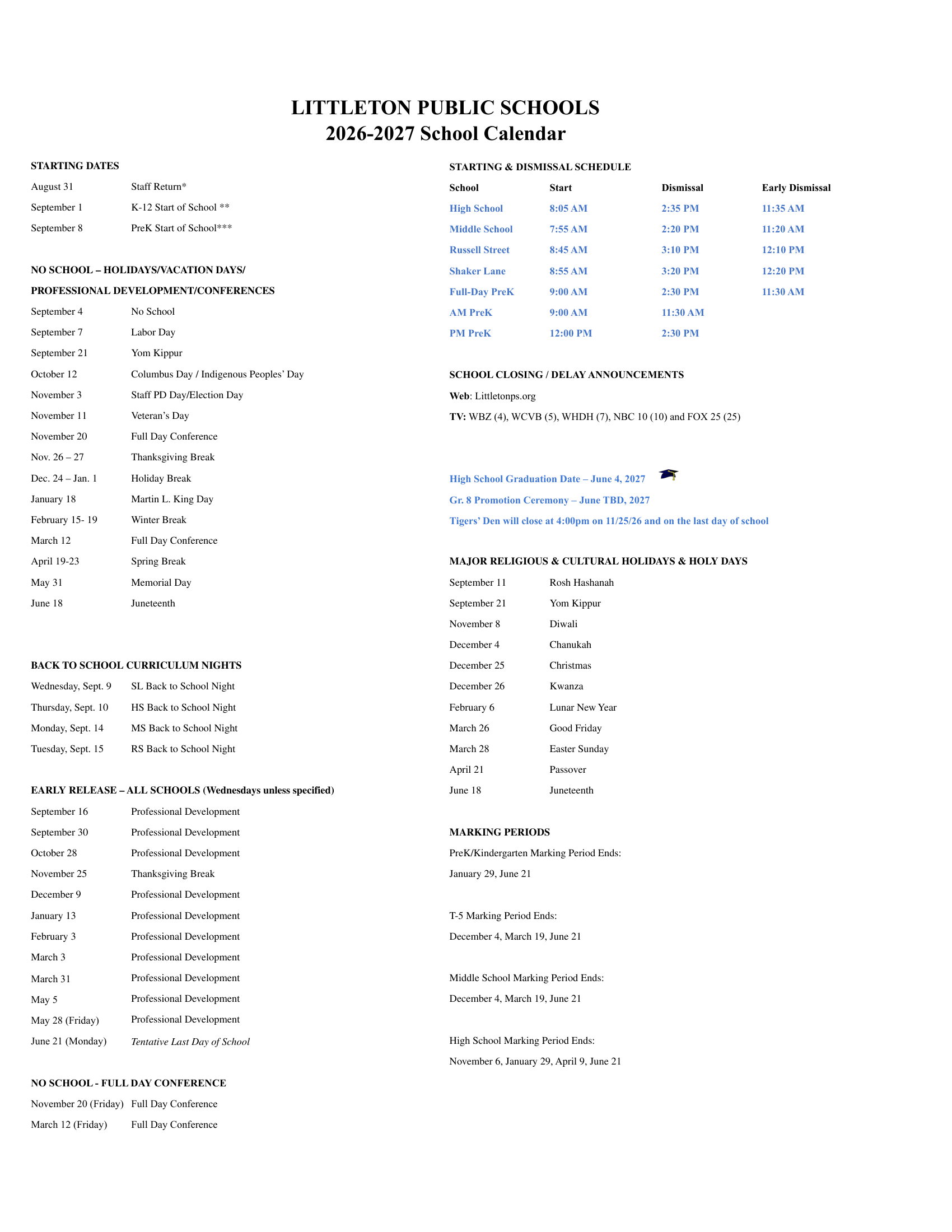 Littleton Public Schools Calendar 26-27 Updates