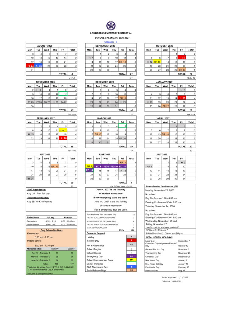 Lombard Elementary District 44 26-27 Calendar