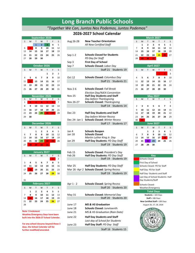 Long Branch Public Schools 26-27 Calendar