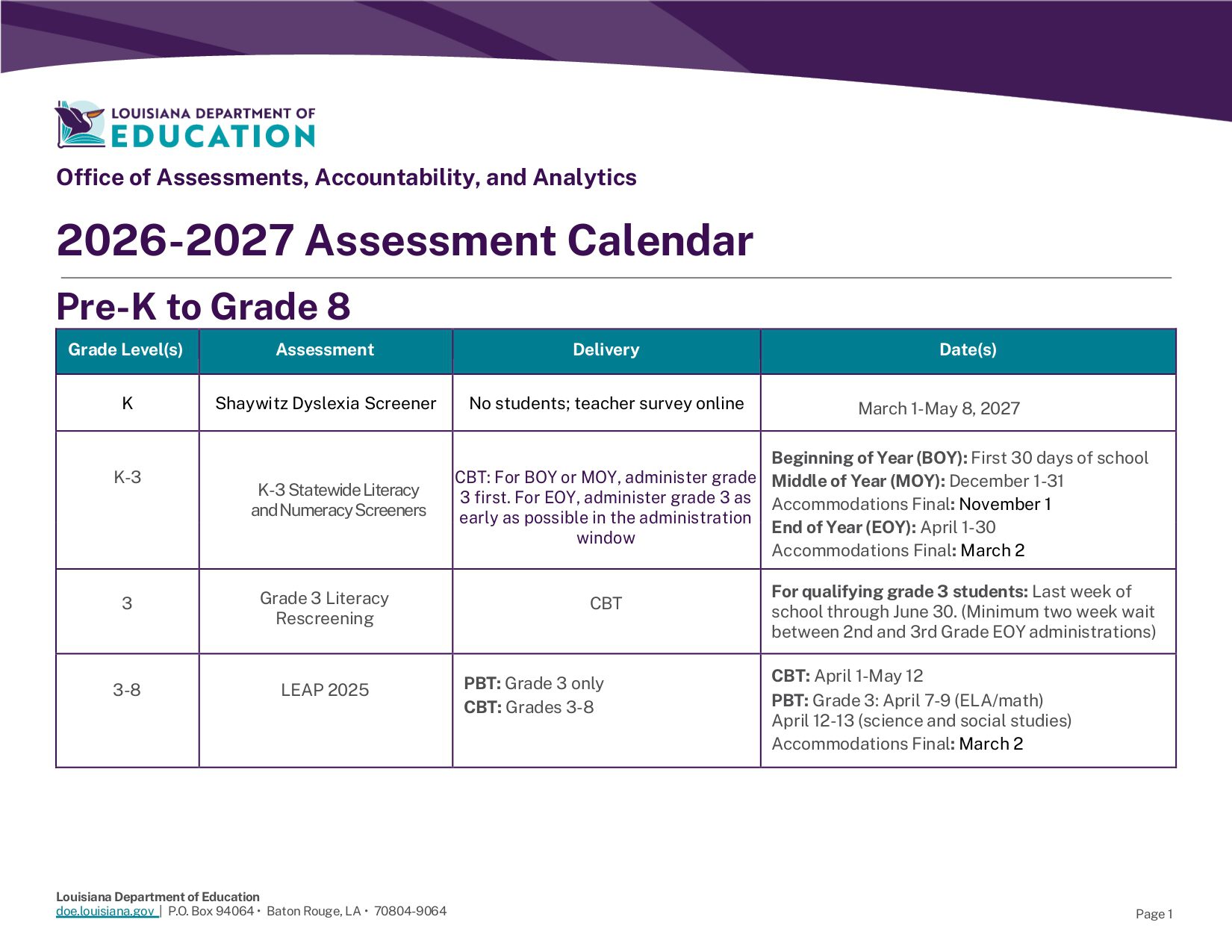 Louisiana Department of Education Calendar 26-27 Revised [PDF]