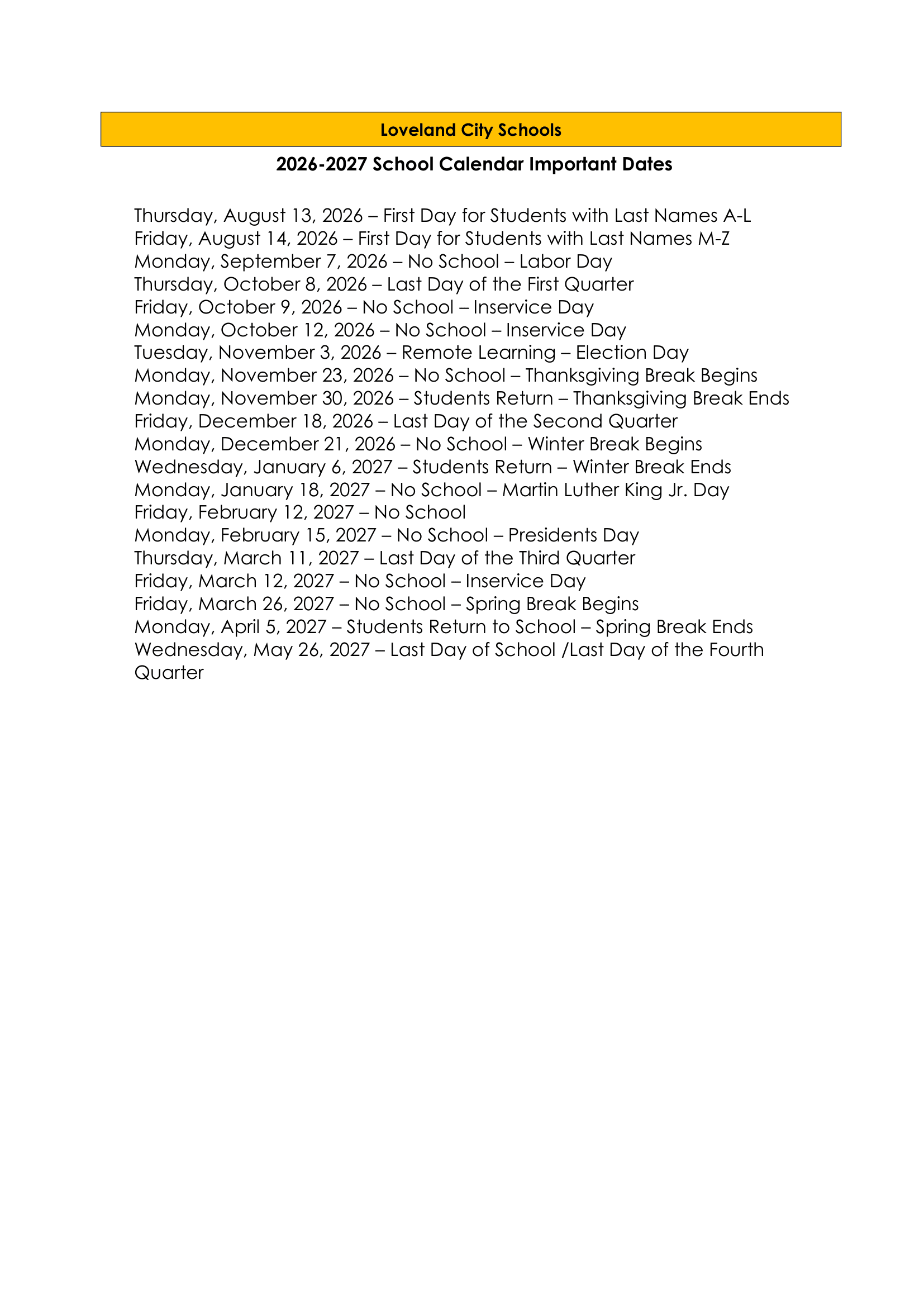 Loveland City Schools OH Calendar 26-27 Updates