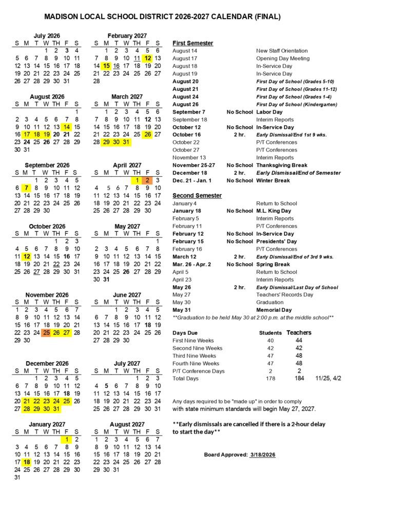 MADISON LOCAL SCHOOL DISTRICT 2026-2027