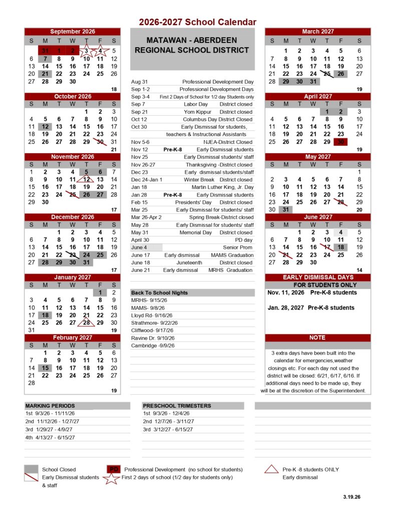 MATAWAN - ABERDEEN REGIONAL SCHOOL DISTRICT 2026-2027