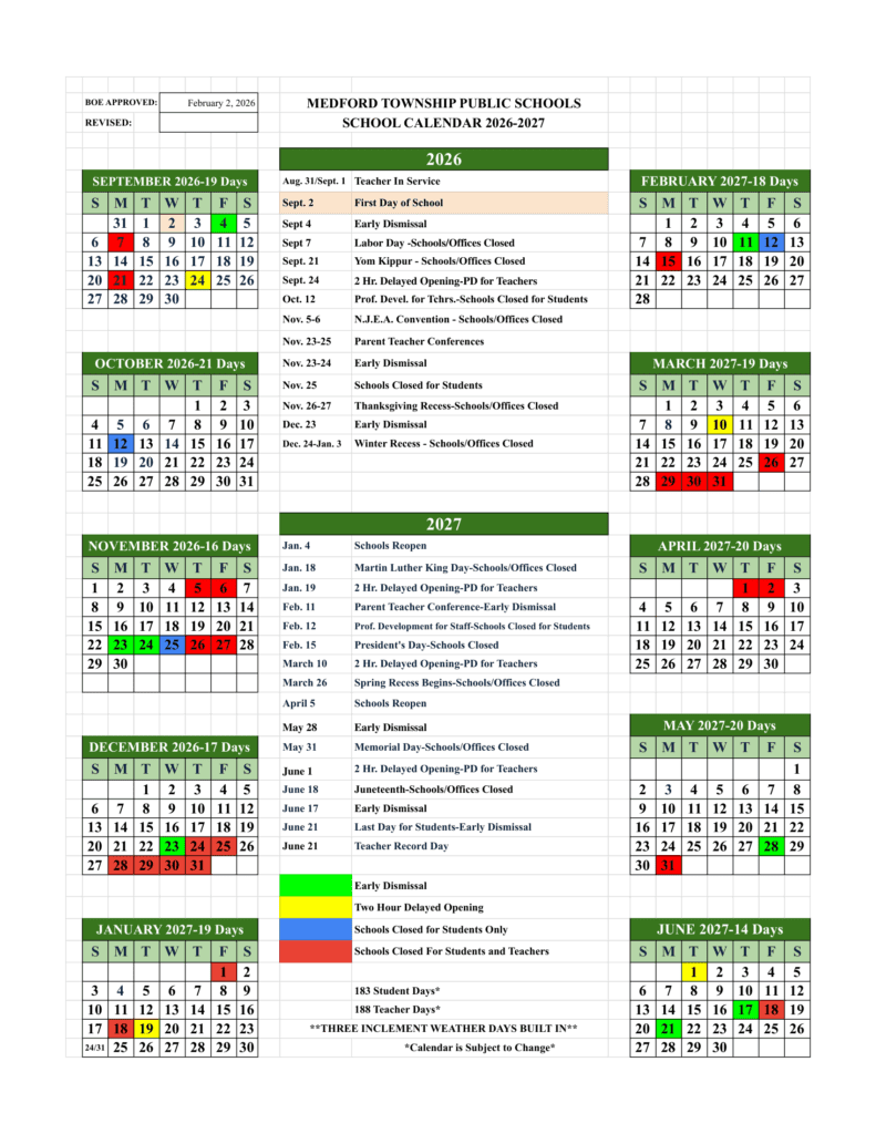 MEDFORD TOWNSHIP PUBLIC SCHOOLS 26-27 Calendar