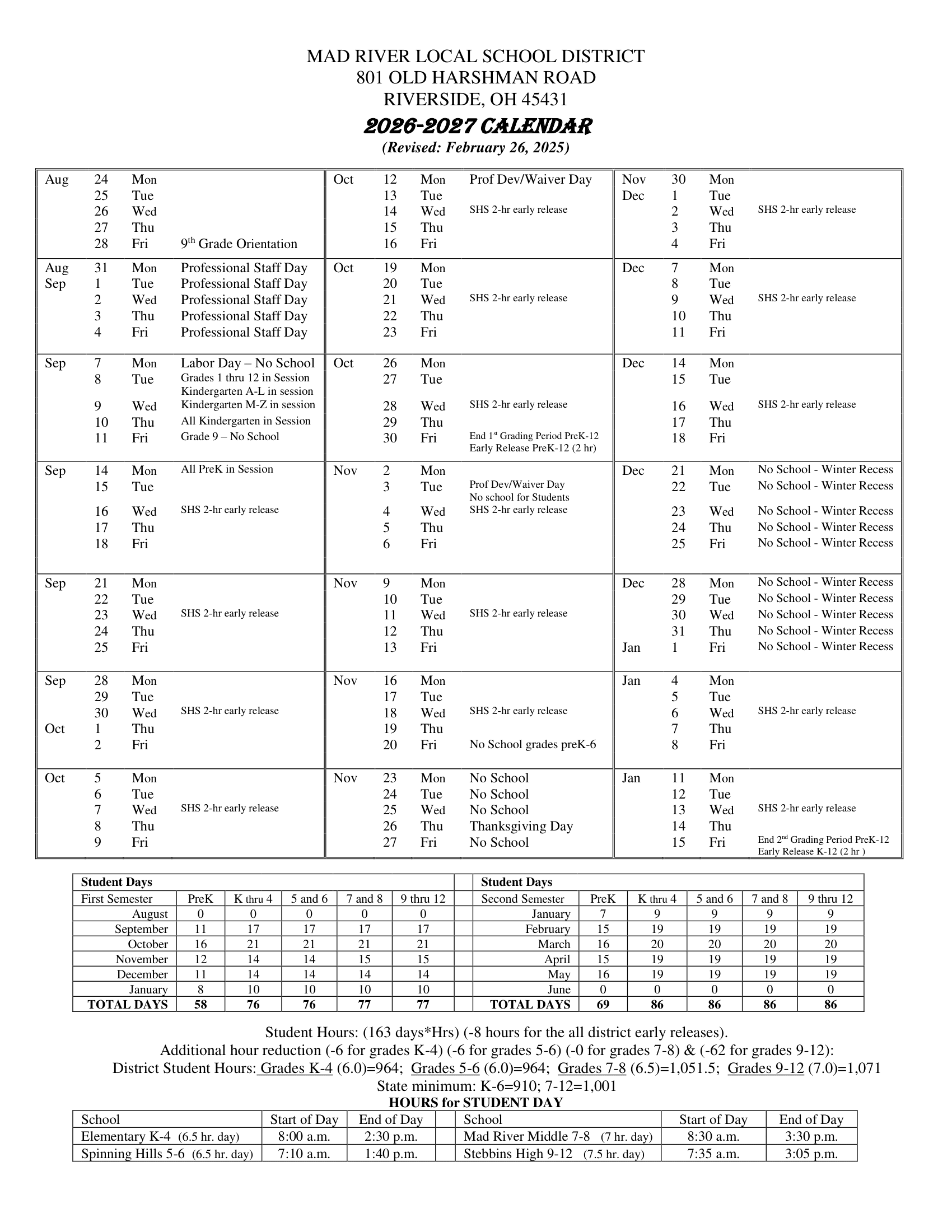 Mad River Local School District OH Calendar 26-27 Updates