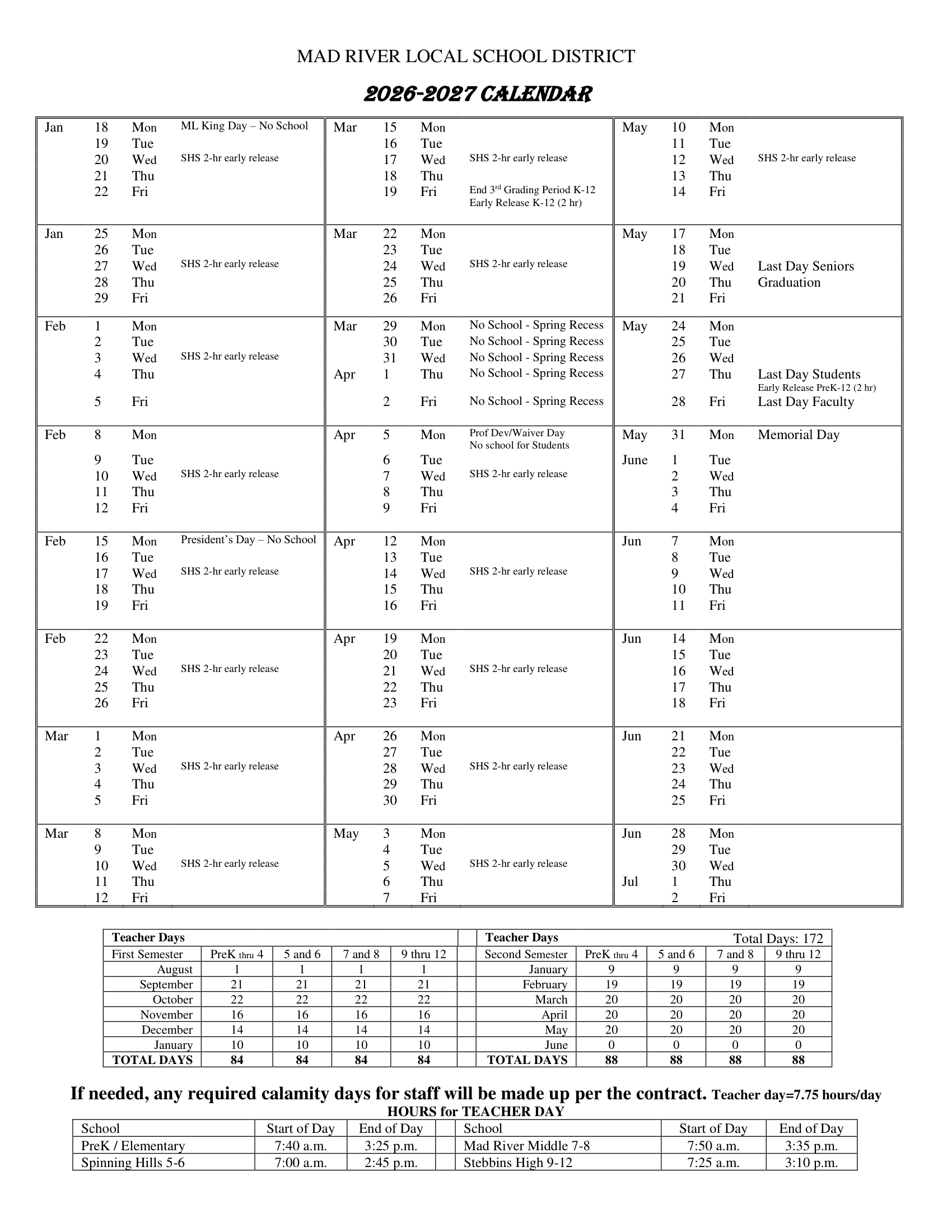 Mad River Local School District OH Calendar 26-27 Updates