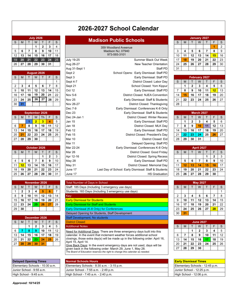 Madison Public Schools 26-27 Calendar