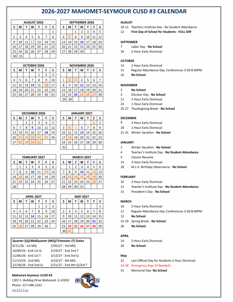 Mahomet-Seymour CUSD #3 26-27 Calendar