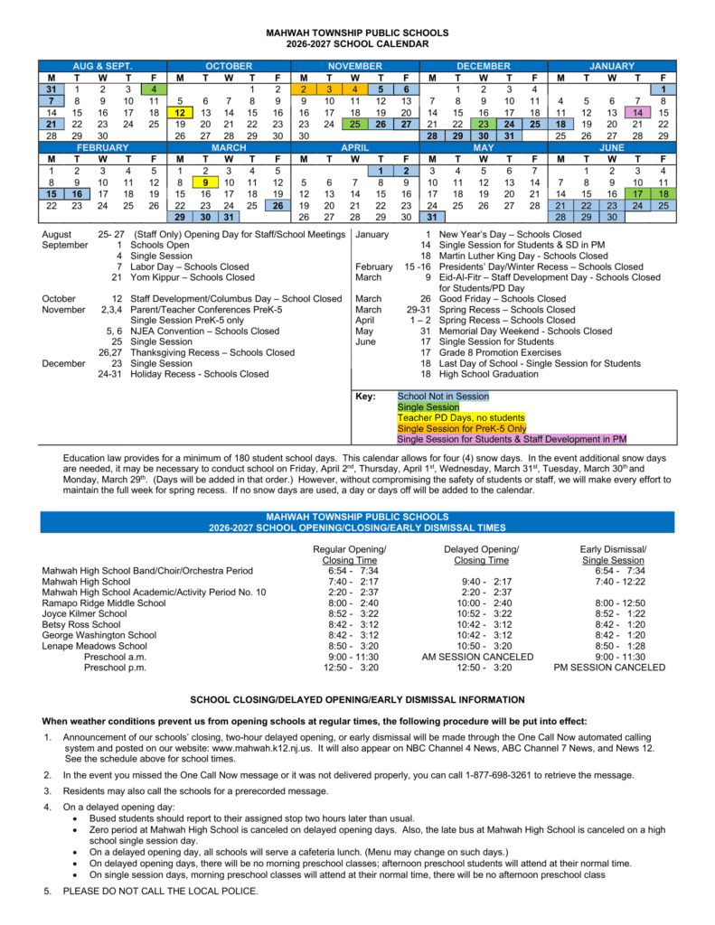 Mahwah Township Public Schools 26-27 Calendar