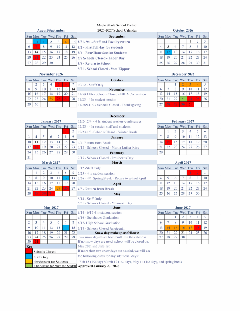 Maple Shade School District 26-27 Calendar