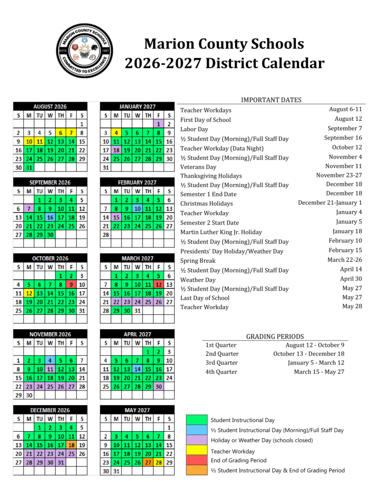 Marion County Schools 26-27 Calendar