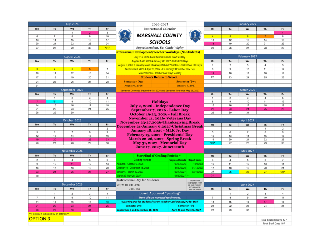 Marshall County Schools 26-27 Calendar