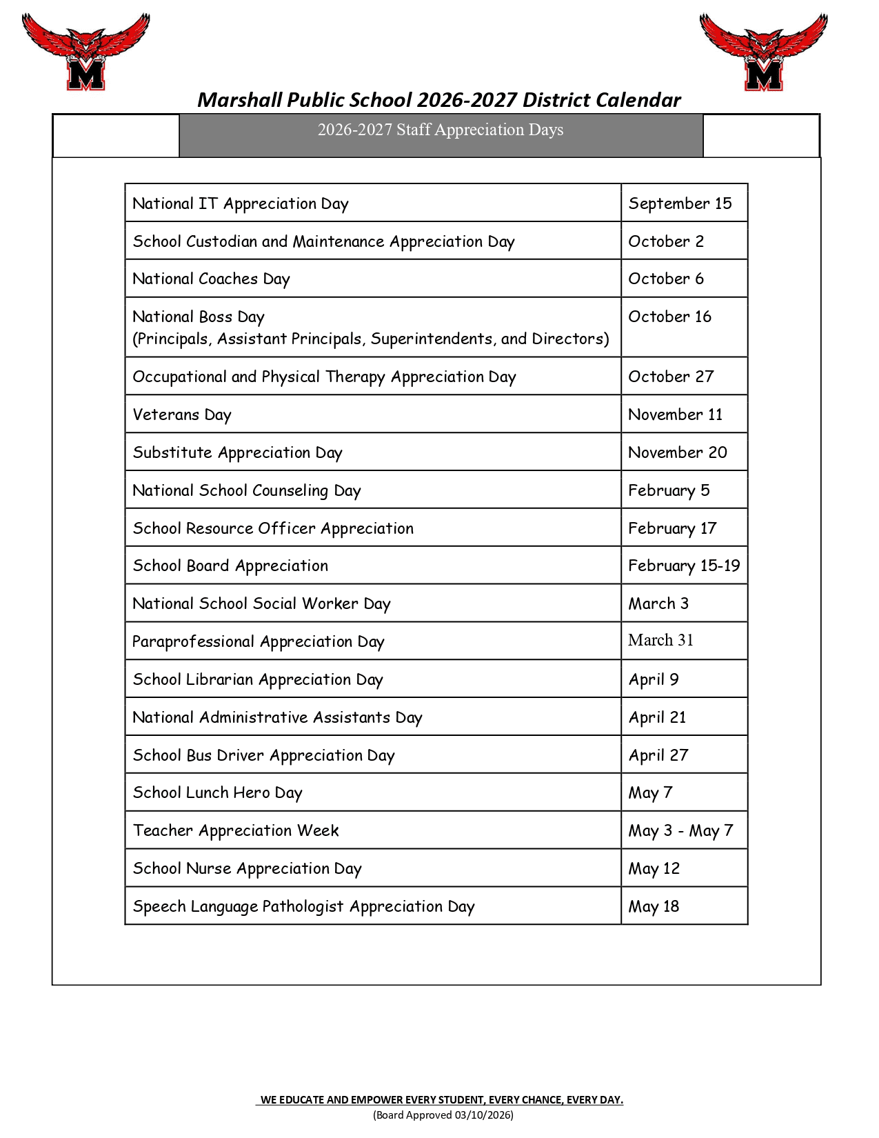 Marshall Public School  Calendar 26-27 Updated