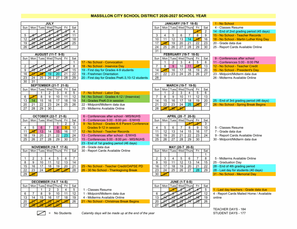 Massillon City School District 26-27 Calendar