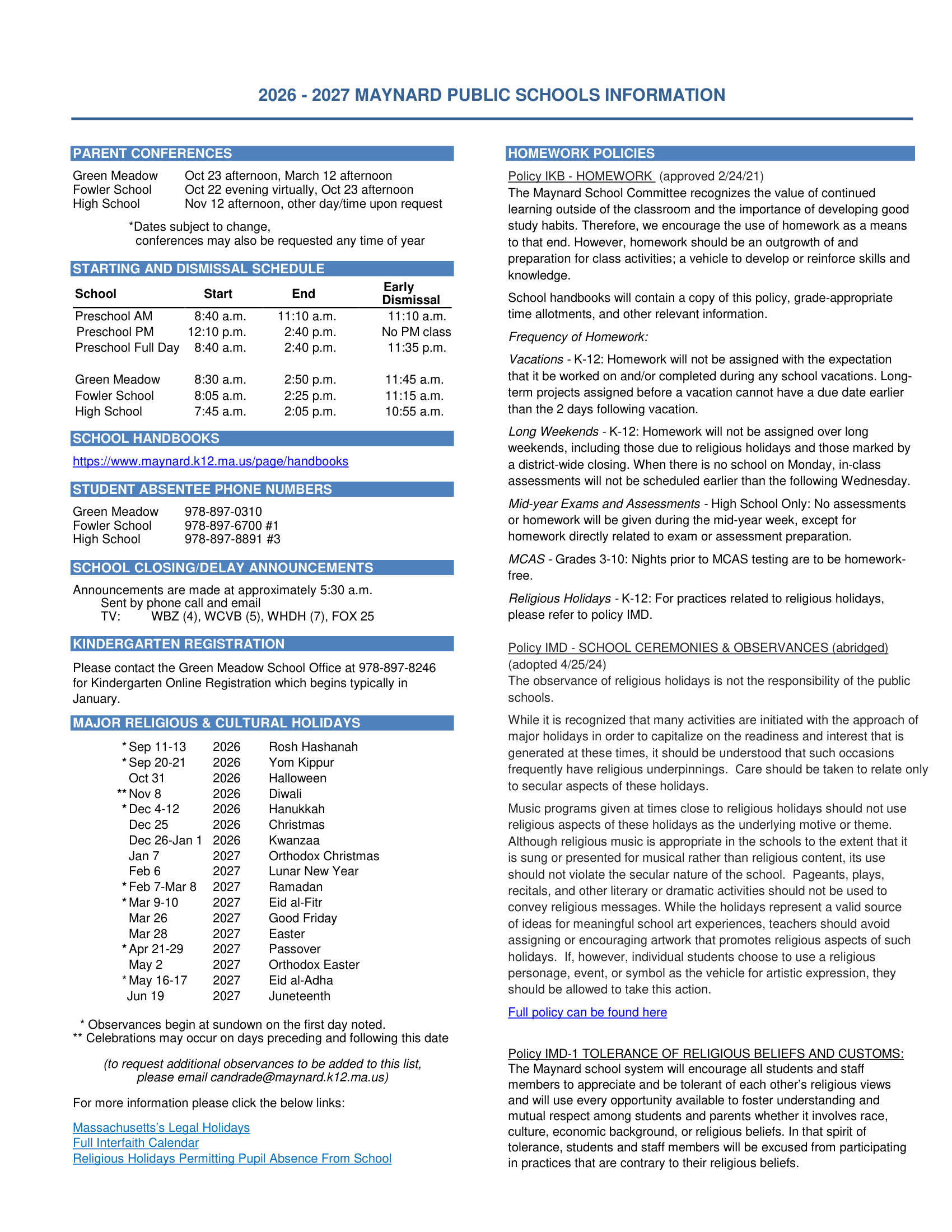 Maynard Public Schools Calendar 26-27 Updates