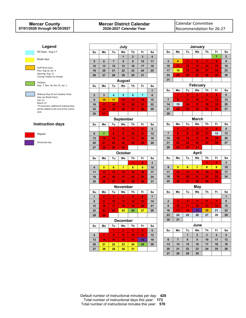 Mercer County Schools 26-27 Calendar