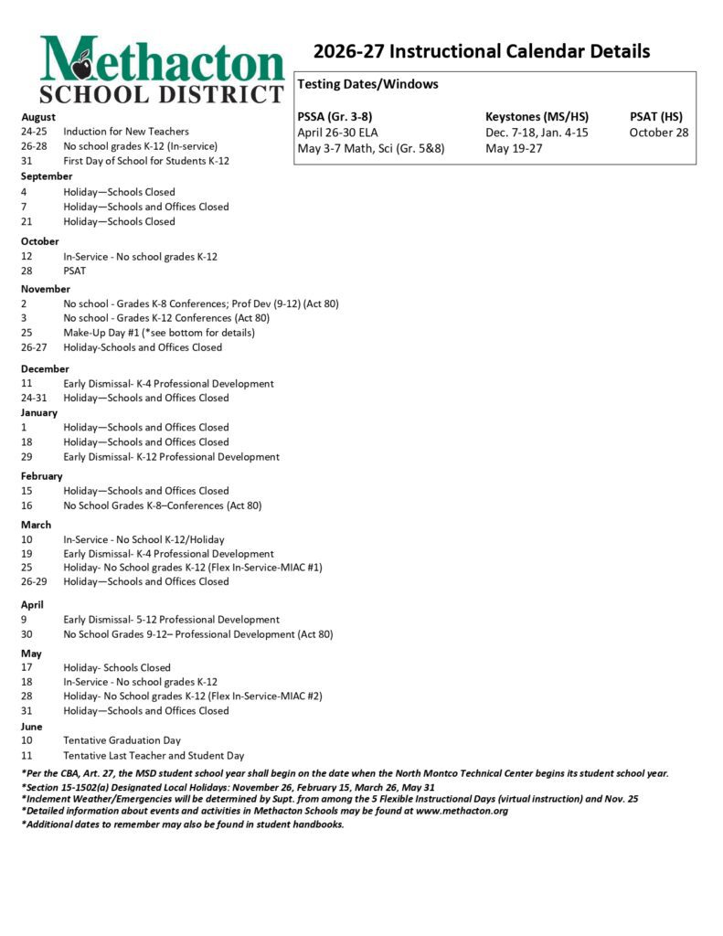 Methacton School District Calendar FAQ 2026-202....2
