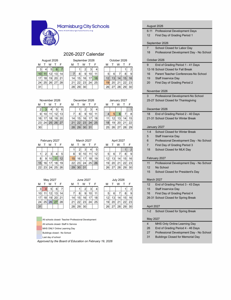 Miamisburg City Schools 26-27 Calendar