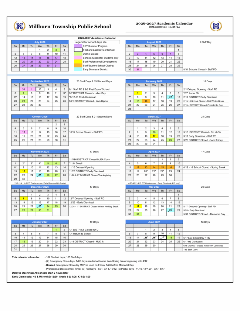 Millburn Township Public School 26-27 Calendar
