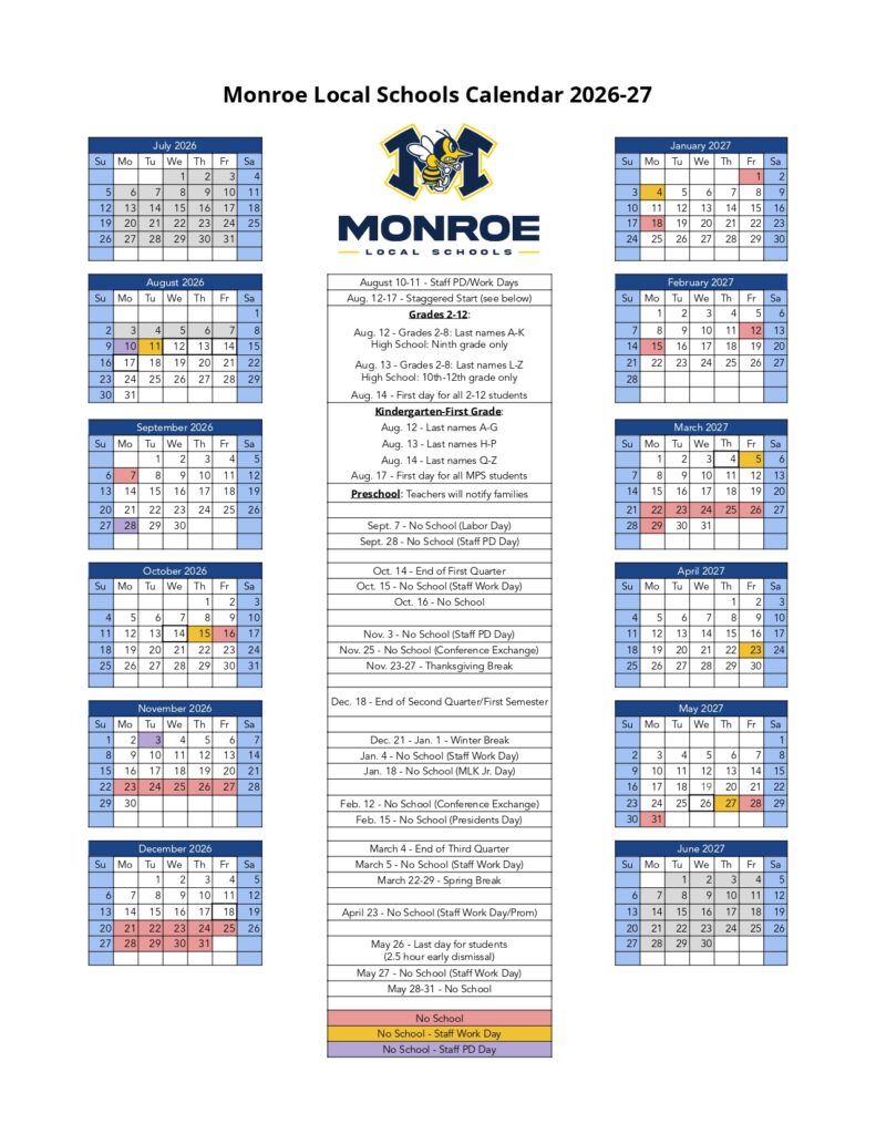 Monroe Local Schools Calendar 2026-27