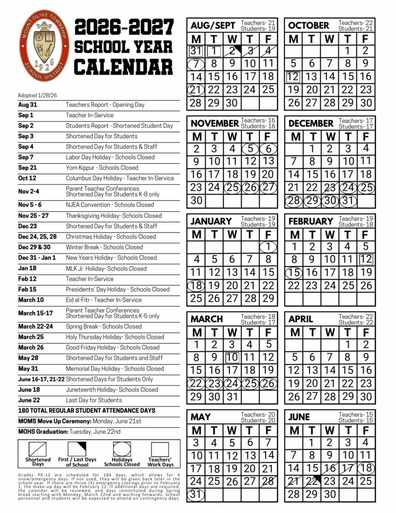 Mount Olive Township School District 26-27 Calendar