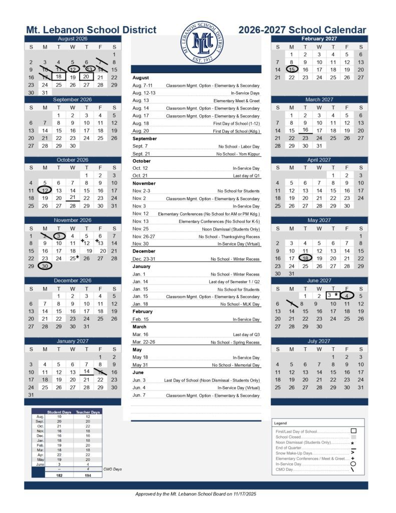 Mt. Lebanon School District 2026-2027