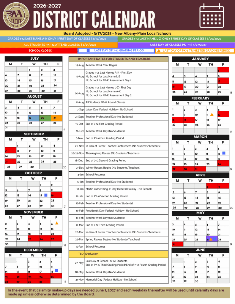 New Albany-Plain Local Schools 26-27 Calendar