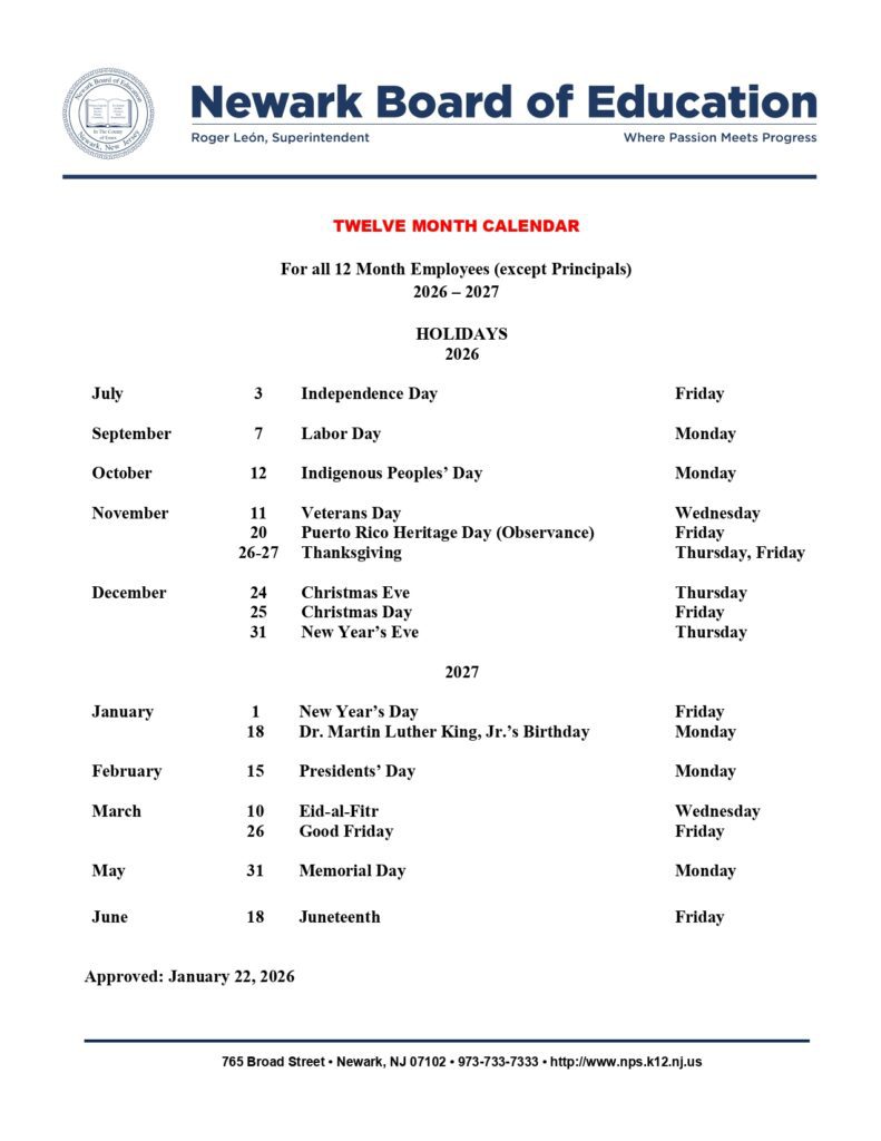 Newark Board of Education 2026-2027