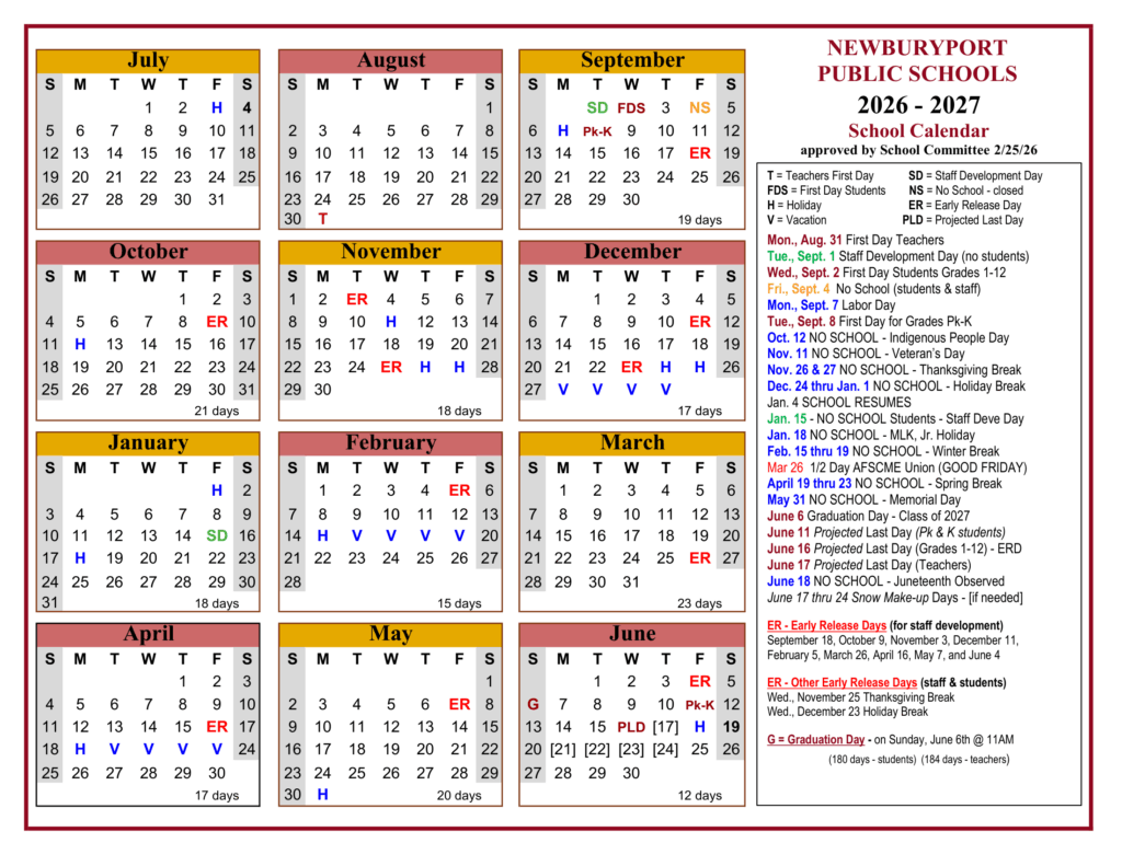 Newburyport Public Schools 26-27 Calendar