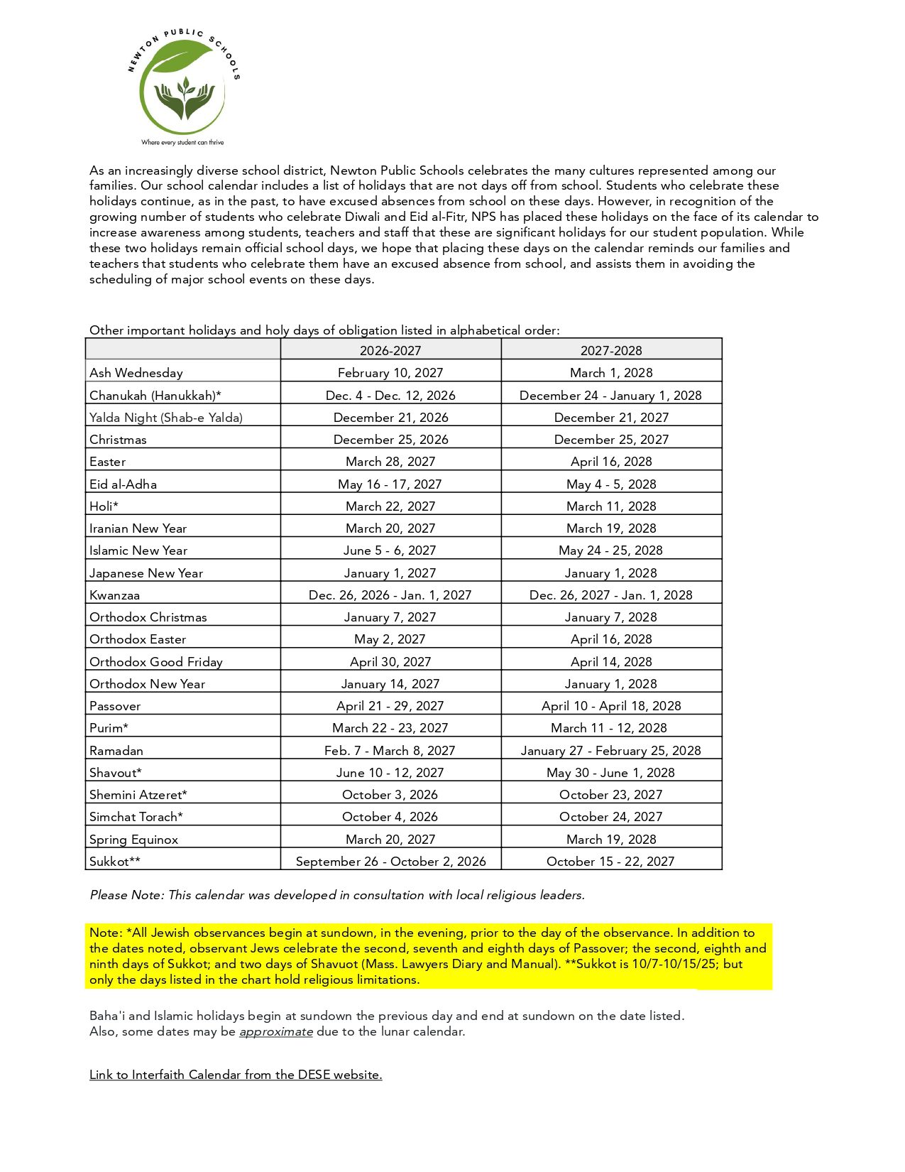 Newton Public Schools MA Calendar 26-27 [PDF]