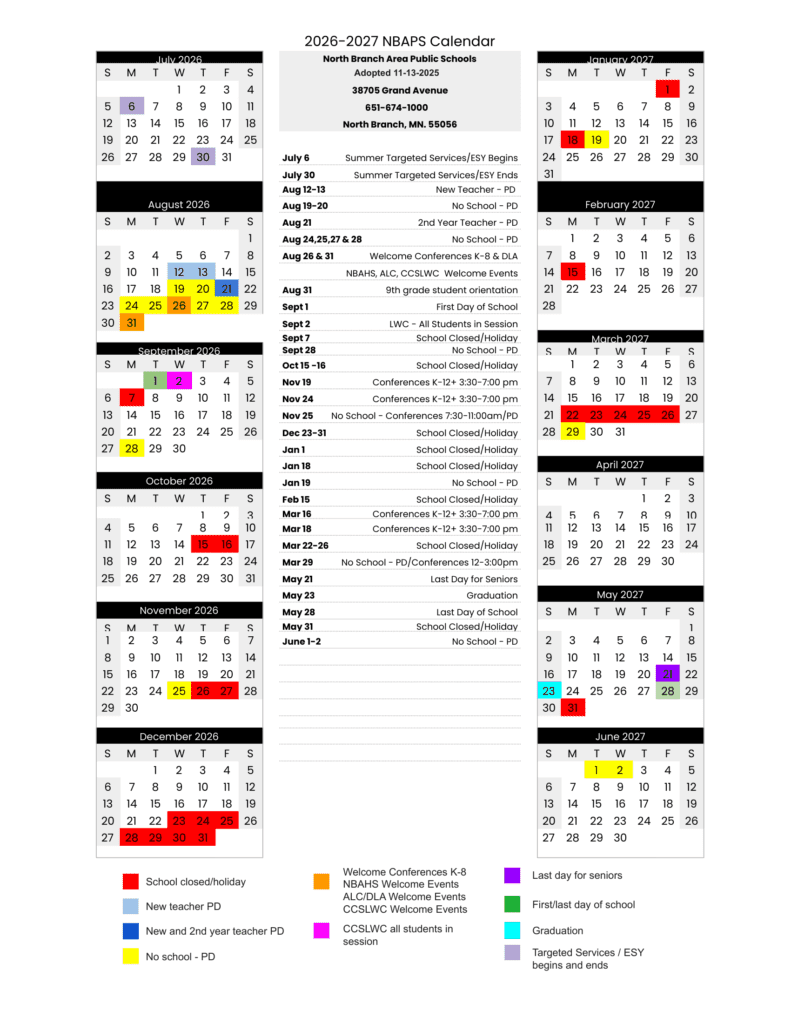 North Branch Area Public Schools 26-27 Calendar