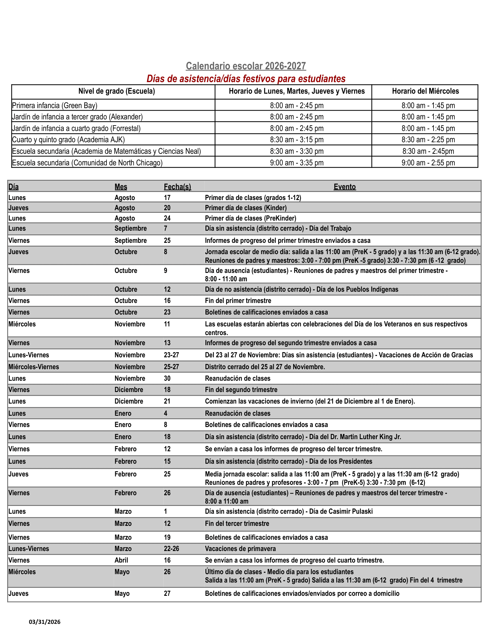North Chicago School District 187 Calendar 26-27 Updated